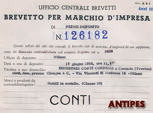 Ditta Conti Cornuda - brevetto marchio impresa mobili in metallo 1955