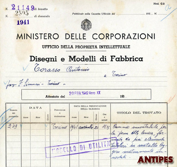Canna TORASSO Antonio - 1942 brevetto TO