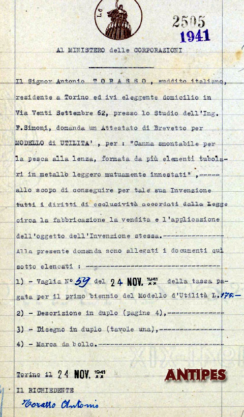 Canna TORASSO Antonio - 1942 brevetto TO