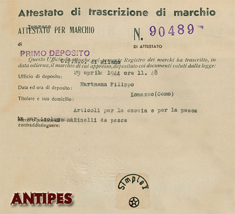 SIMPLEX - Lomazzo CO - Attestato Trascrizione Marchio - aprile 1944