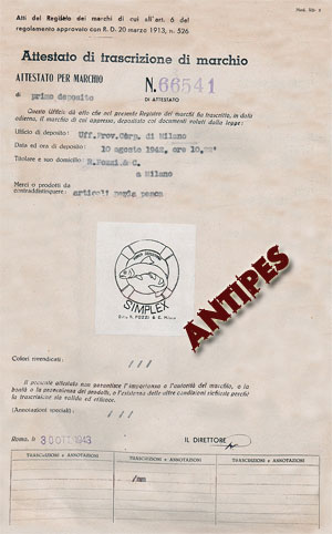 SIMPLEX - Milano - Attestato Trascrizione Marchio - agosto 1942