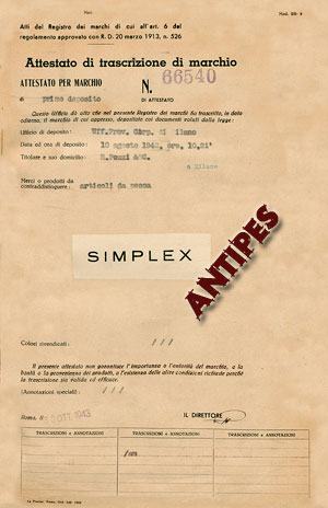 SIMPLEX - Milano - Attestato Trascrizione Marchio - agosto 1942