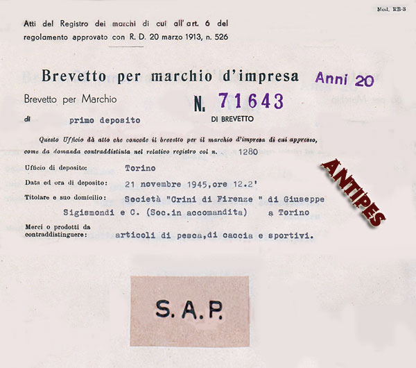 Giuseppe Sigismondi SAP Crini Firenze - brevetto 21 novembre 1945